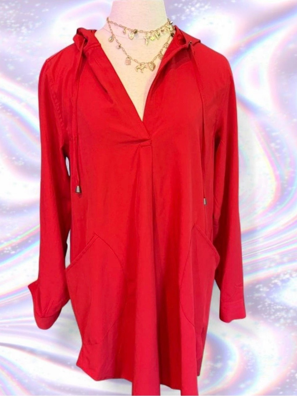 For Cynthia Red Beach Cover up Dress Hooded V-Neck